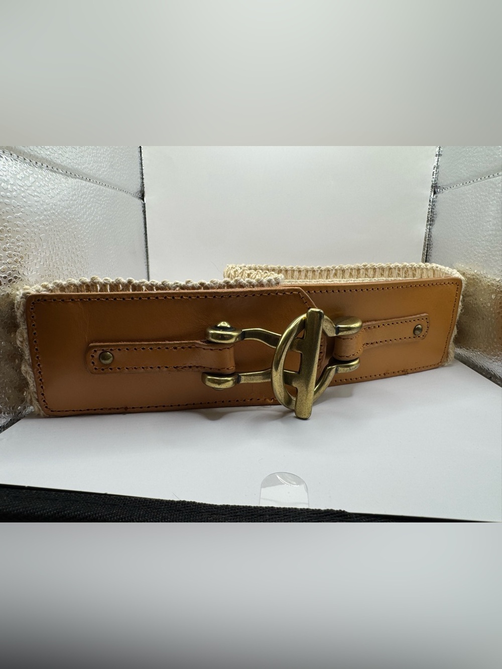 Fossil Woven Stretch Belt Leather Equestrian Buckle Cream Tan Boho - Picture 4 of 12